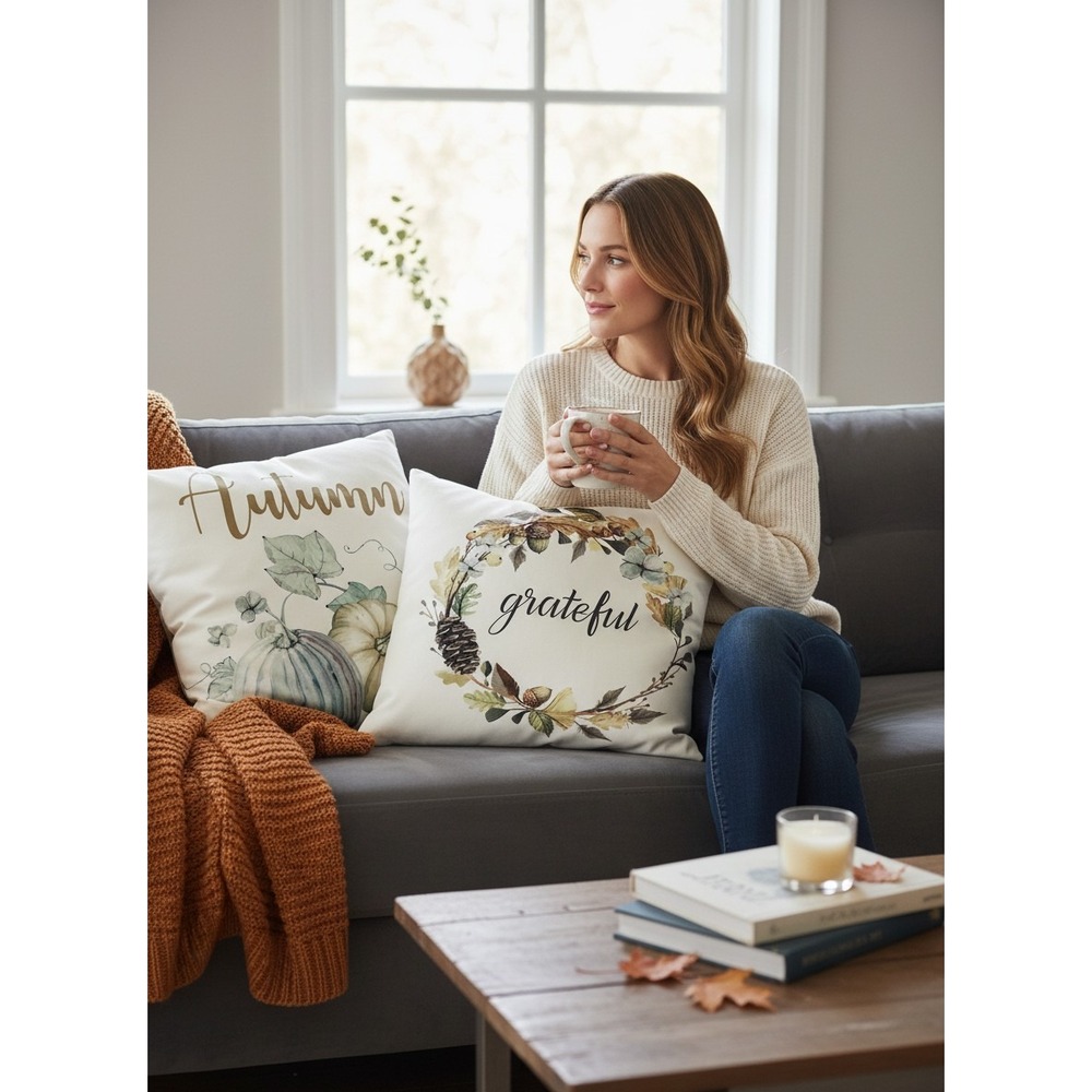 Set of 2 Fall Autumn Grateful Pumpkin Decorative Pillow Covers 18x18 Farmhouse